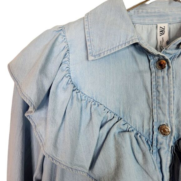 ZARA Dress Womens Extra Small Blue Ruffle Denim Mini Shirt Dress Blogger Fave - Picture 9 of 14
